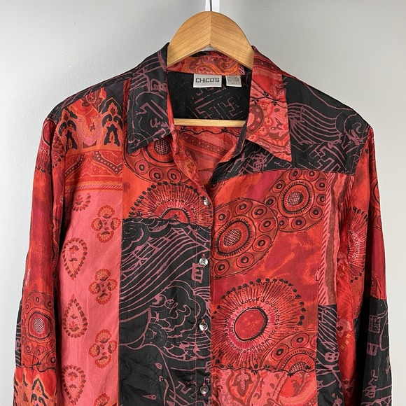 Vintage Chico's Shirt Top Blouse Size 2 Large/12 Red Black 100% Silk Embroidered - Picture 2 of 6